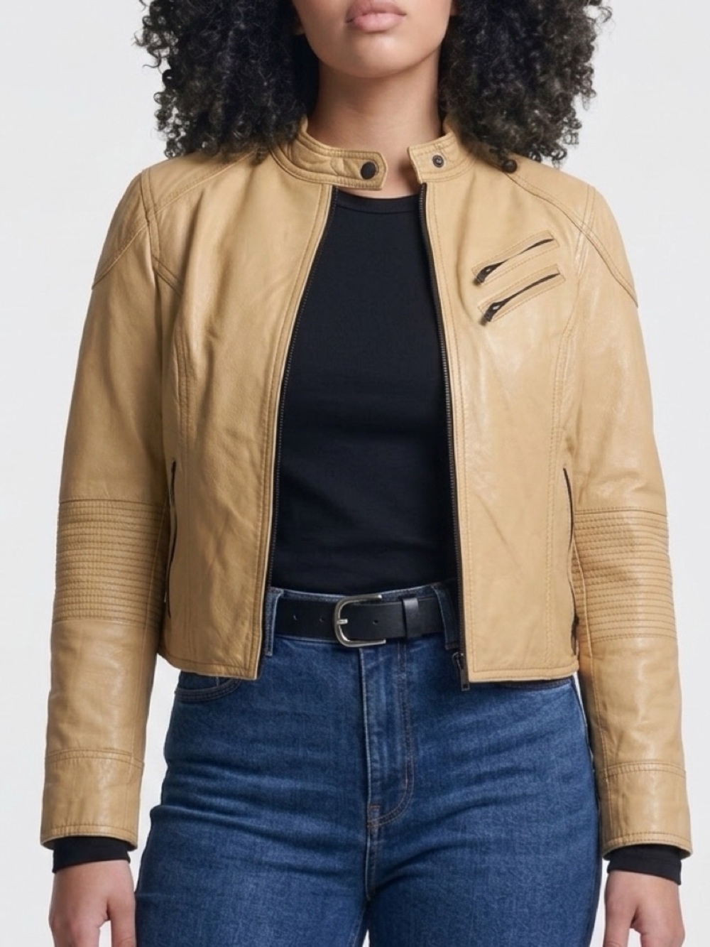 Black Rivet Tan Cropped Leather Moto Jacket
